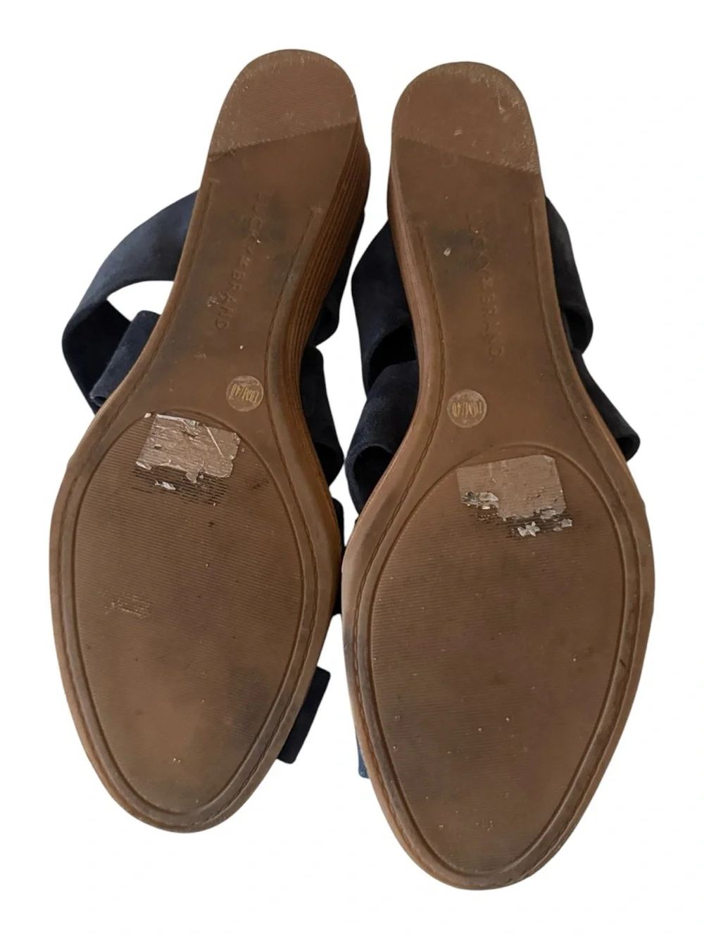 Lucky Brand blue suede wedge sandals featuring a stylish knot detail, size 10